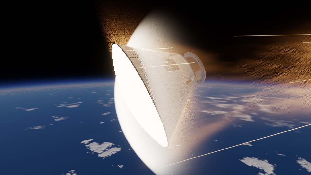 The crew capsule high over the blue Pacific, its heat shield wrapped in glowing gas, streaks of fire trailing behind it.