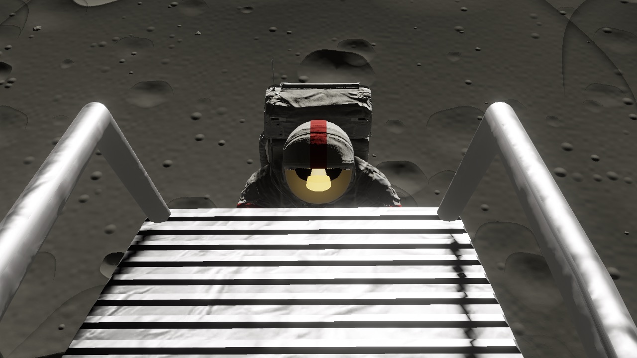 Looking down Liberty's ladder from the hatch: the commander near the bottom, the gray ground of the Moon beyond.