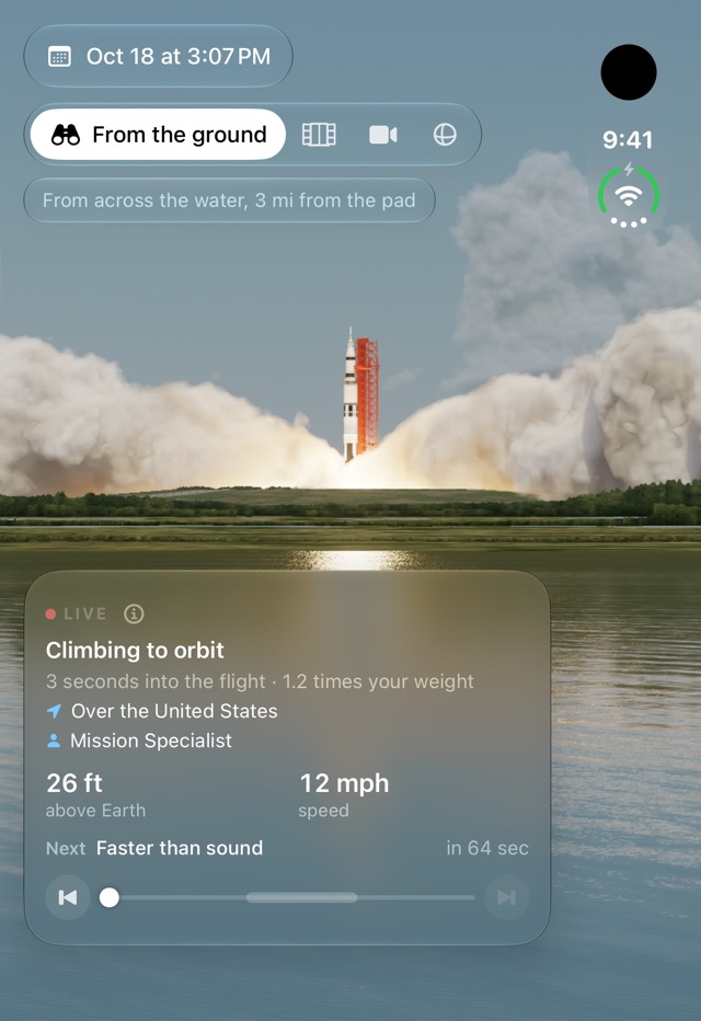 Moon Journey on the outer screen of a closed iPhone Duo: a daytime liftoff seen from across the water, with the flight's panel below: Climbing to orbit, 3 seconds into the flight.