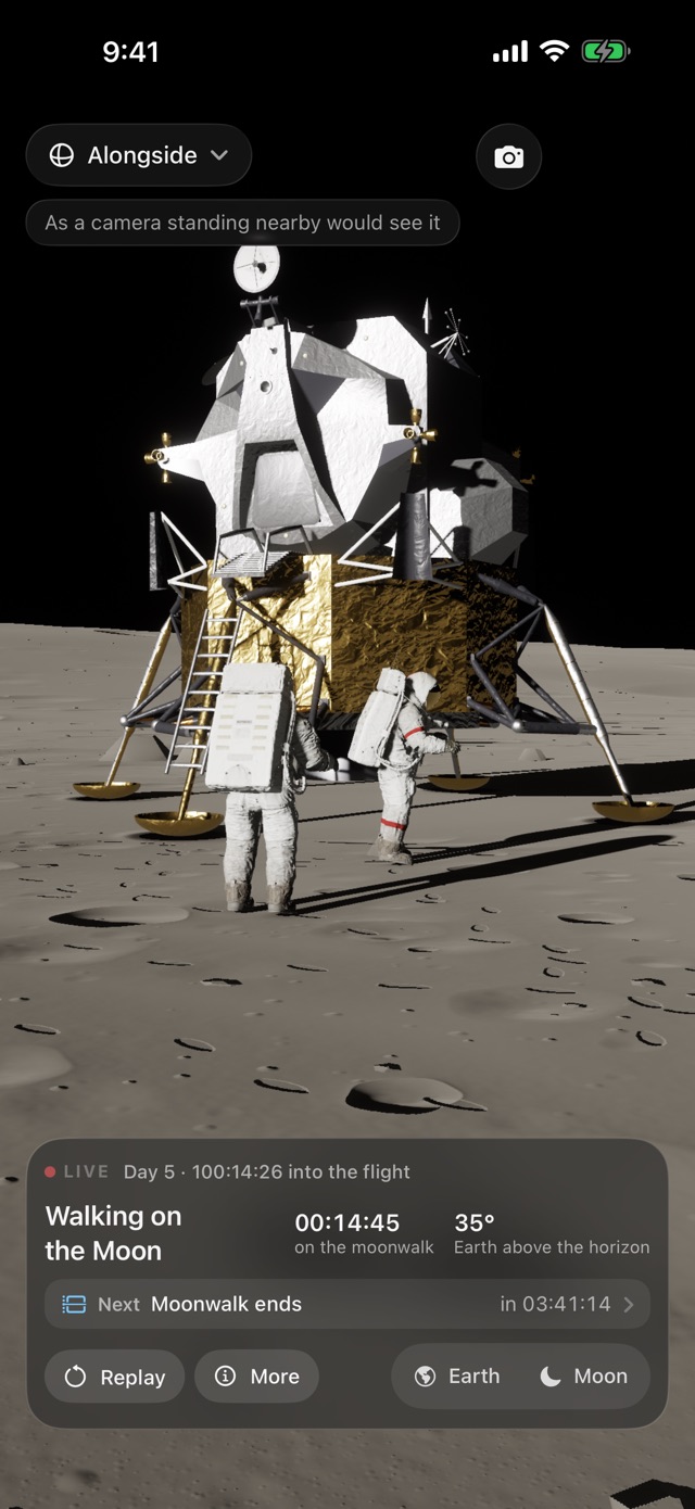 Moon Journey on an iPhone: the two moonwalkers at work beside Liberty, with the flight's panel below: Walking on the Moon, Day 5.