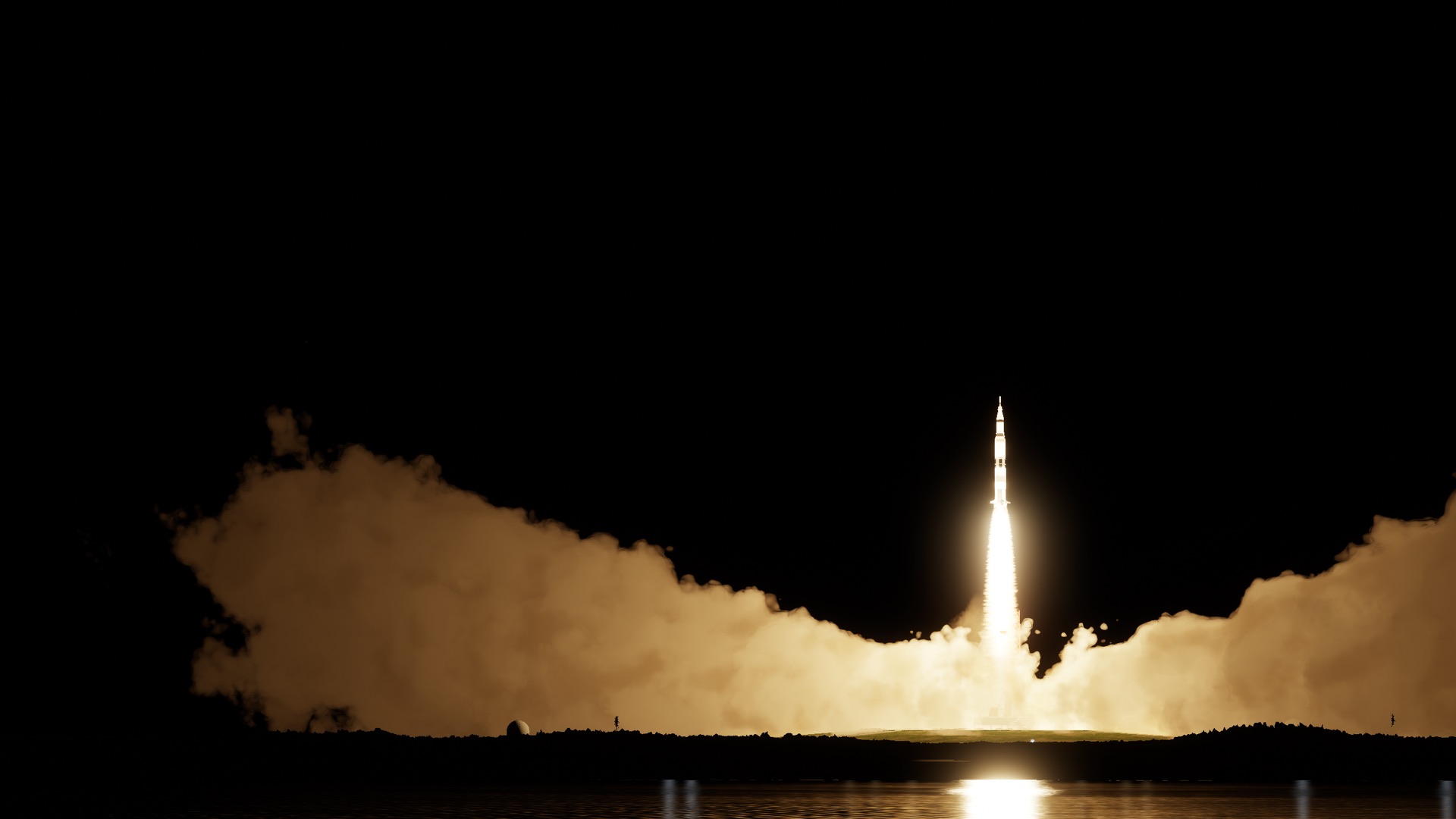 Night at Kennedy Space Center: a Saturn V-sized rocket rises from banks of glowing smoke, its fire mirrored in the water of the basin, seen from across the water.