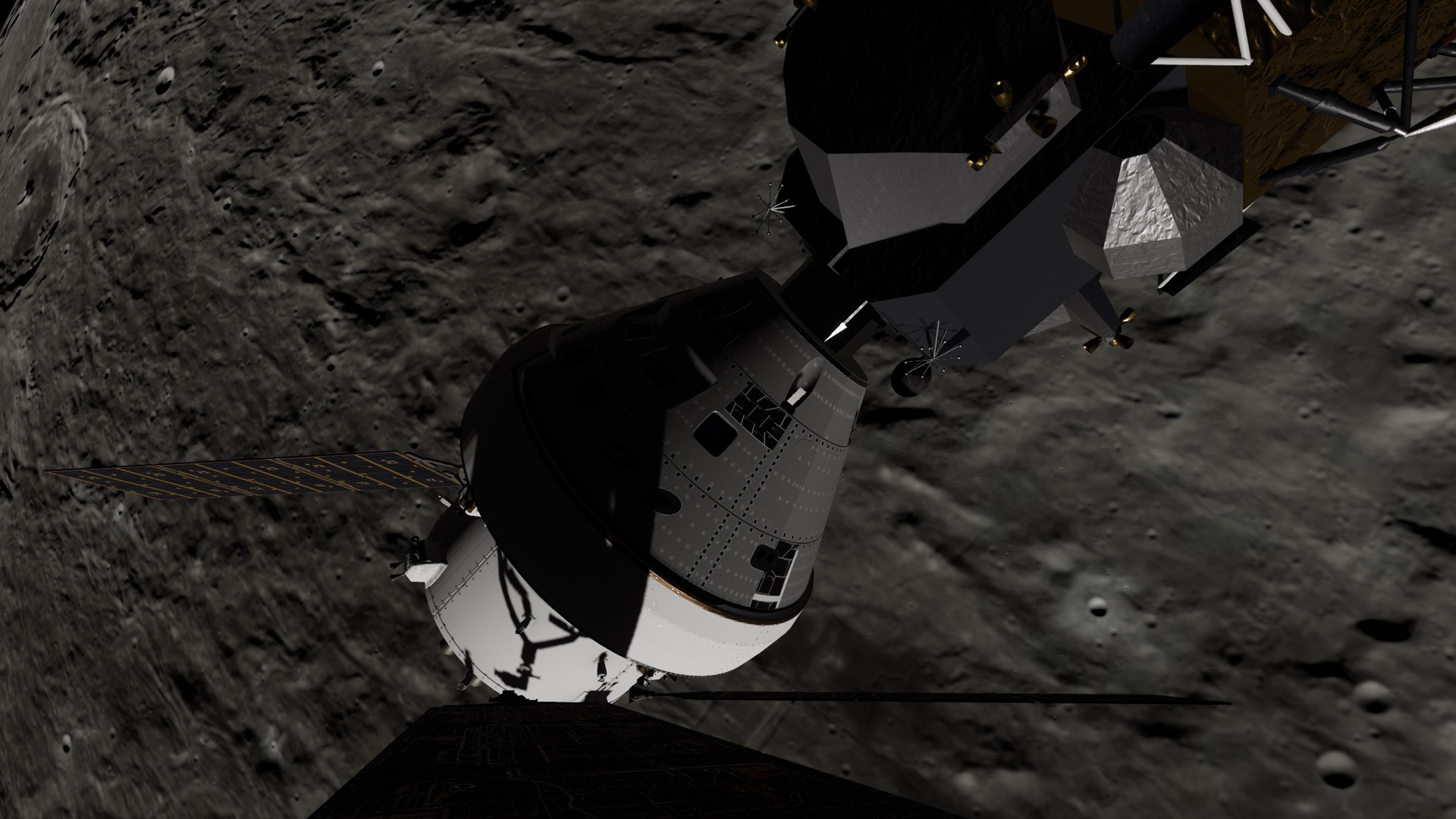 From a camera on the ship's wing: the crew capsule and the lander, close, over the cratered gray ground of the Moon.