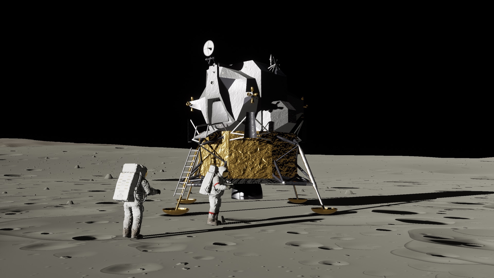 On the Moon: two moonwalkers in white suits at work on the bright gray ground beside the lander Liberty, its gold foil catching the low Sun, under a black sky.