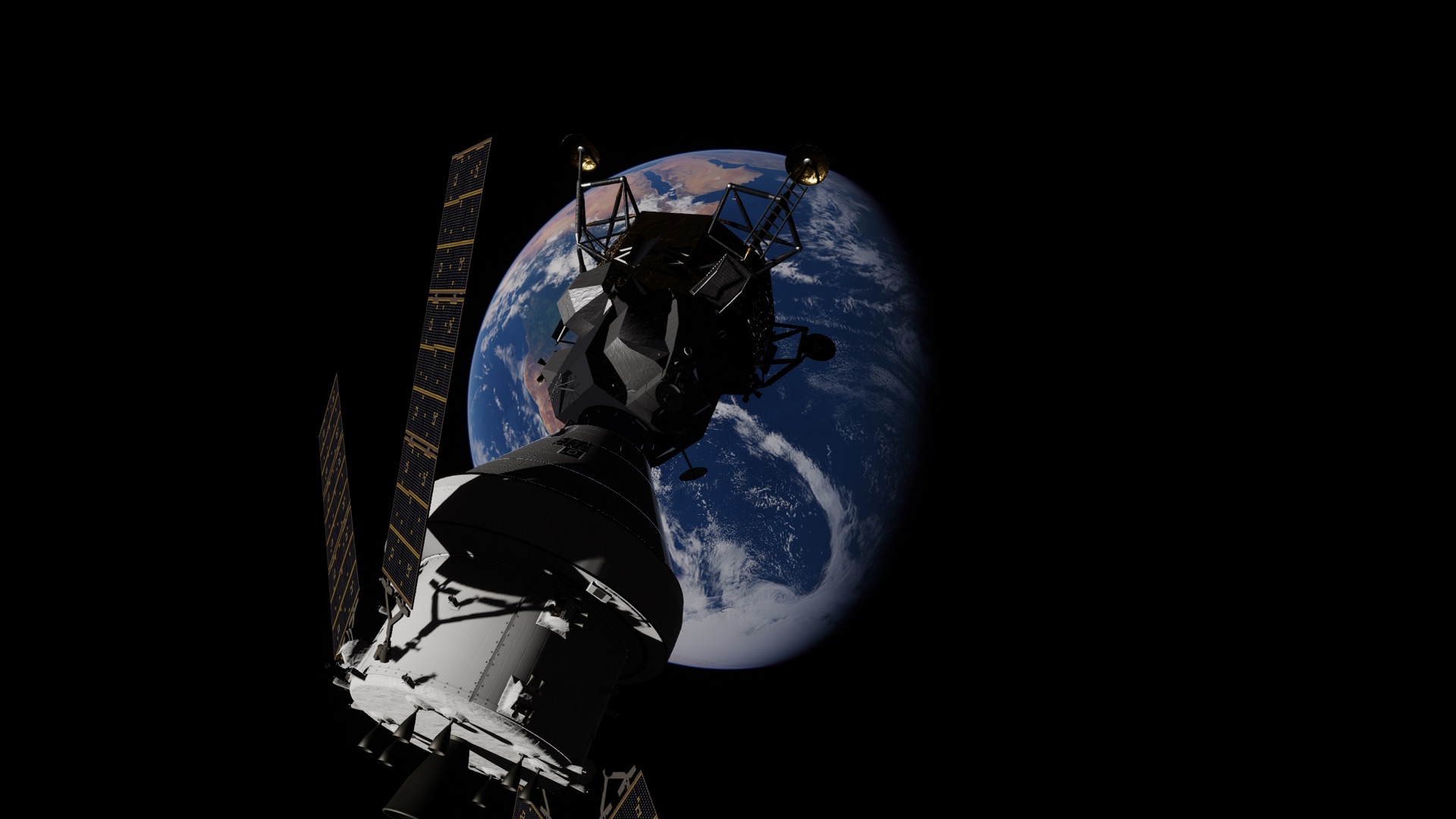 The ship from alongside, its solar wings spread and the lander on its nose, with the blue Earth behind it.